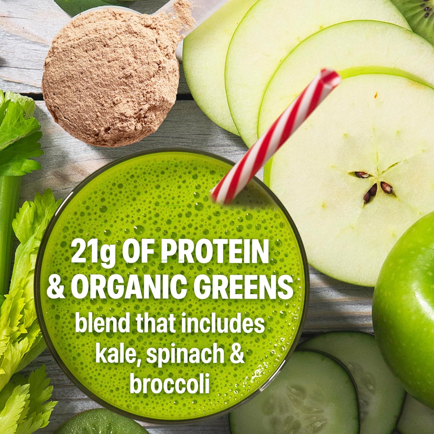 Green smoothie with protein and organic greens, surrounded by green apples, celery, and a scoop of protein powder.