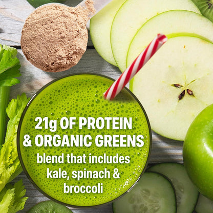 Green smoothie with protein and organic greens, surrounded by green apples, celery, and a scoop of protein powder.