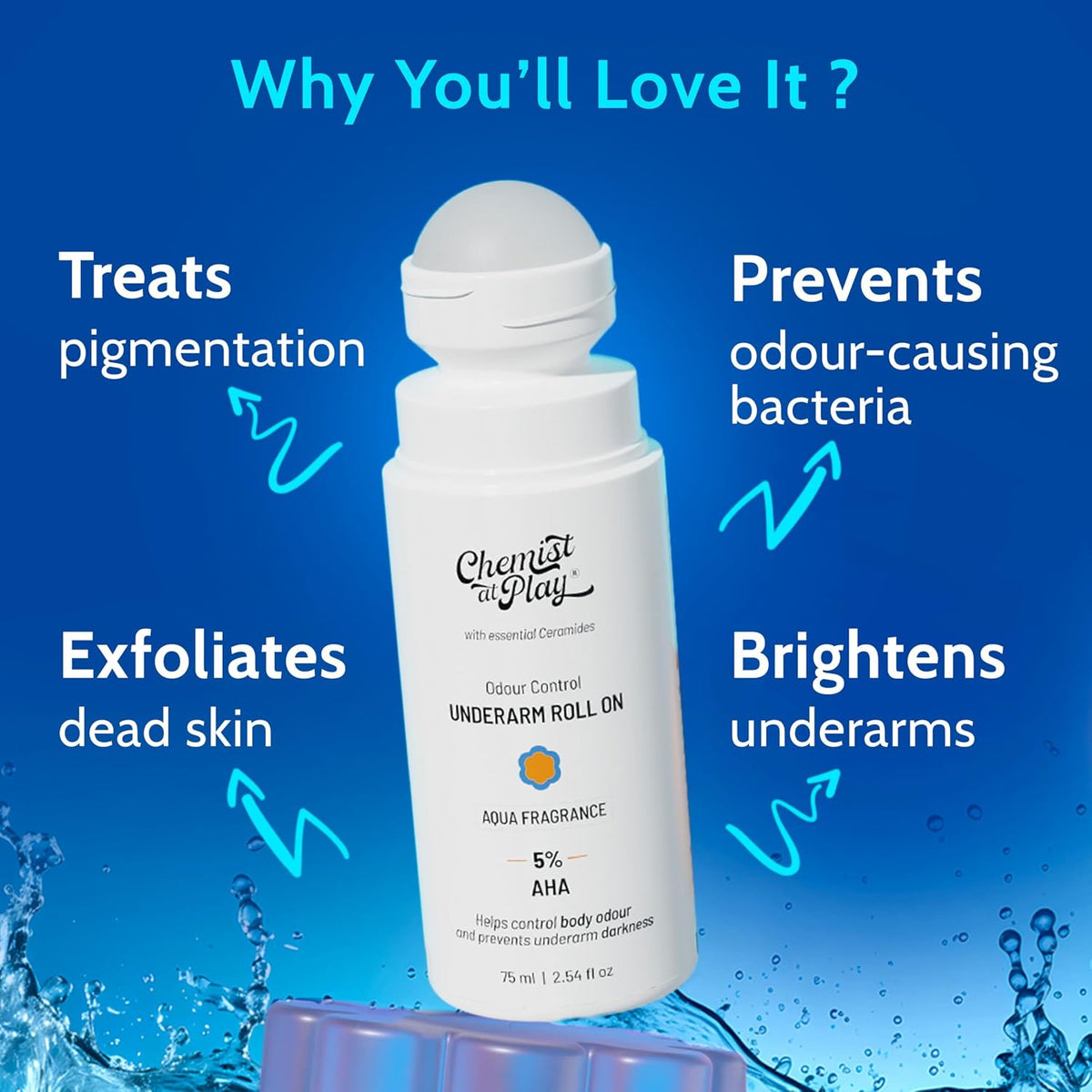 Chemist At Play UnderArm Roll On For Sensitive Skin | Aqua Fragrance | 75ml 4% Lactic Acid & 1% Mandelic Acid | Fades Underarm Pigmentation & Reduces Body Odour | 0% Aluminium & Alcohol |Sensitive Skin