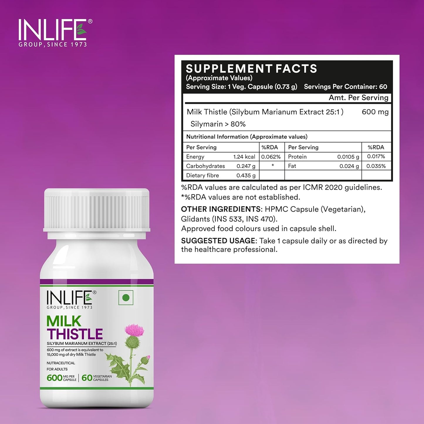 INLIFE Milk Thistle Extract 600mg Capsules | Silybum Marianum Liver Support Supplement | Men and Women - 60 Vegetarian Caps (Pack of 1, 60)