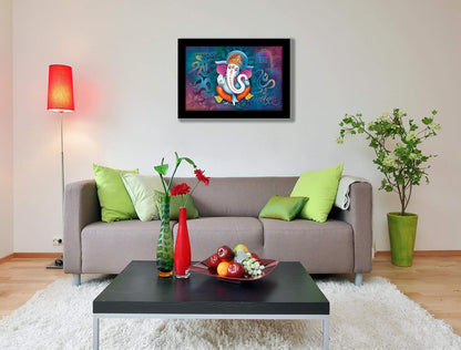 Ganesha Art Framed Painting | Ready to Hang | emits Positive Vibes - (Wooden Fiber Frame, 12inch x 18 inch)