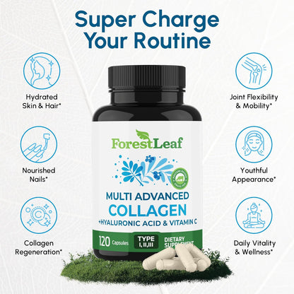 ForestLeaf Multi Advanced Collagen supplement bottle with benefits listed on a white background