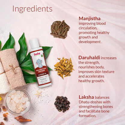 BabyOrgano® Manjishthadi Abhyang Baby Massage Oil for Newborns (0-2 Yrs) – Strengthens Bones & Muscles, Made with Manjistha & Daruhaldi, Toxin & Mineral Oil Free Made with Sastrokta Vidhi - 100ml