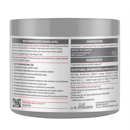 MuscleBlaze Micronised Creatine Monohydrate CreAMP Powder, Unflavoured (32 Servings, 100g) | Trustified Certified Creatine