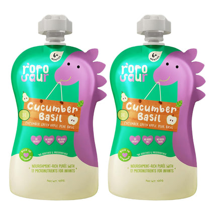 Rorosaur Ready to Eat Fruit & Veggie Baby Food Puree Pouch 100g each, Pk of 2 | Puree with Green Apple, Cucumber & Pear for 6+ Months Baby | 100% Natural, No Preservatives, No Added Sugar