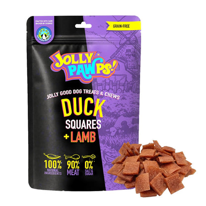 Jolly Pawps Duck + Lamb Squares Dog Treat – 90% Prime Cut Meat, Lab Tested, Grain Free, 0% Salt or Sugar, Dog Treats for Adult Dogs & Puppies 85g