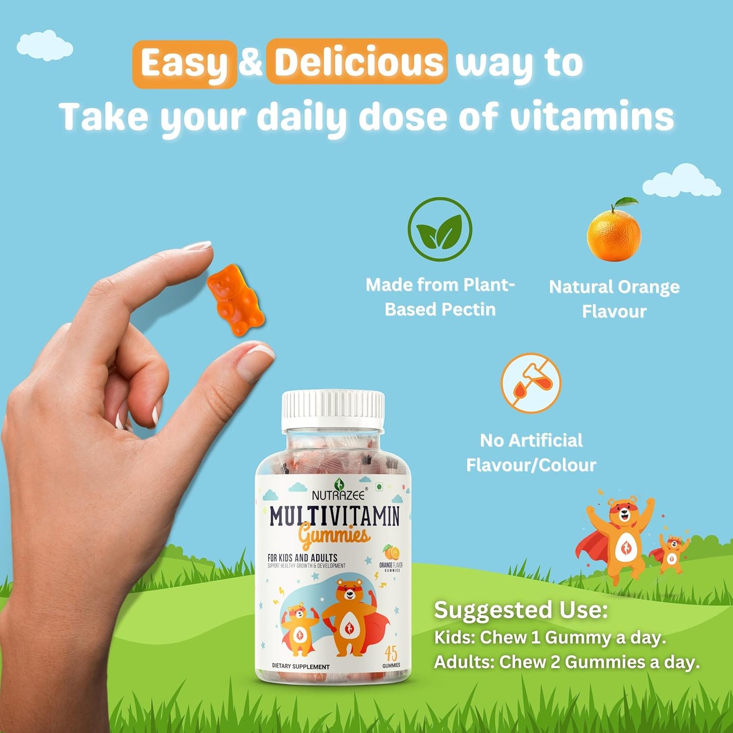Nutrazee Multivitamin Gummies for Kids 2-6 & 7+ Years, Men & Women | Essential Vitamins With Biotin For Growth & Development| 45 Gummy Bears