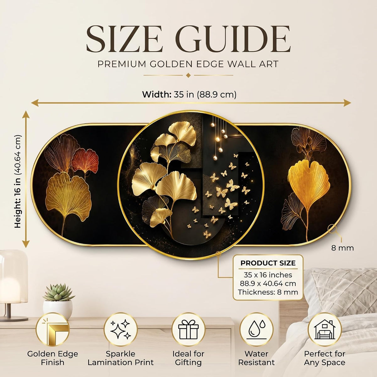 Golden Ginkgo Leaf Wall Painting for Living Room Bedroom Decor, Black Gold Floral Round Modern Art with Premium PVC Golden Frame (16 x 35 Inch)