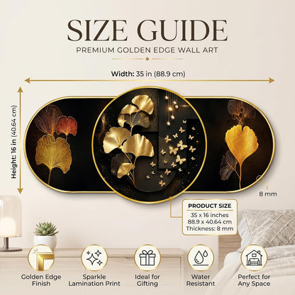 Golden Ginkgo Leaf Wall Painting for Living Room Bedroom Decor, Black Gold Floral Round Modern Art with Premium PVC Golden Frame (16 x 35 Inch)