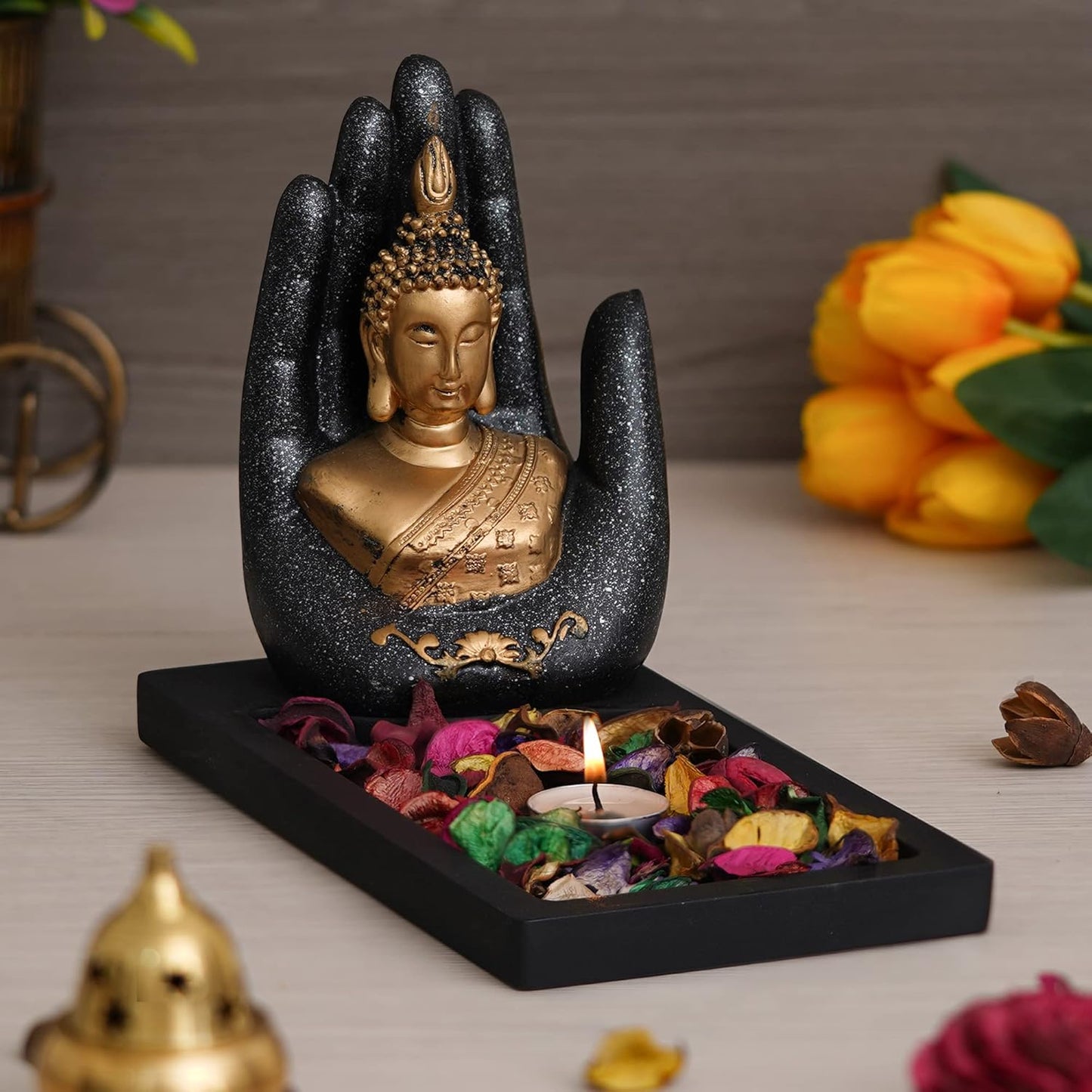 eCraftIndia Grey Golden Resin Palm Buddha Idol Tea Light Candle Holder| Lord Buddha Statue Tea Light Holder| Diwali Decoration Items for Home Decor| Buddha Showpiece Gift for Diwali Housewarming