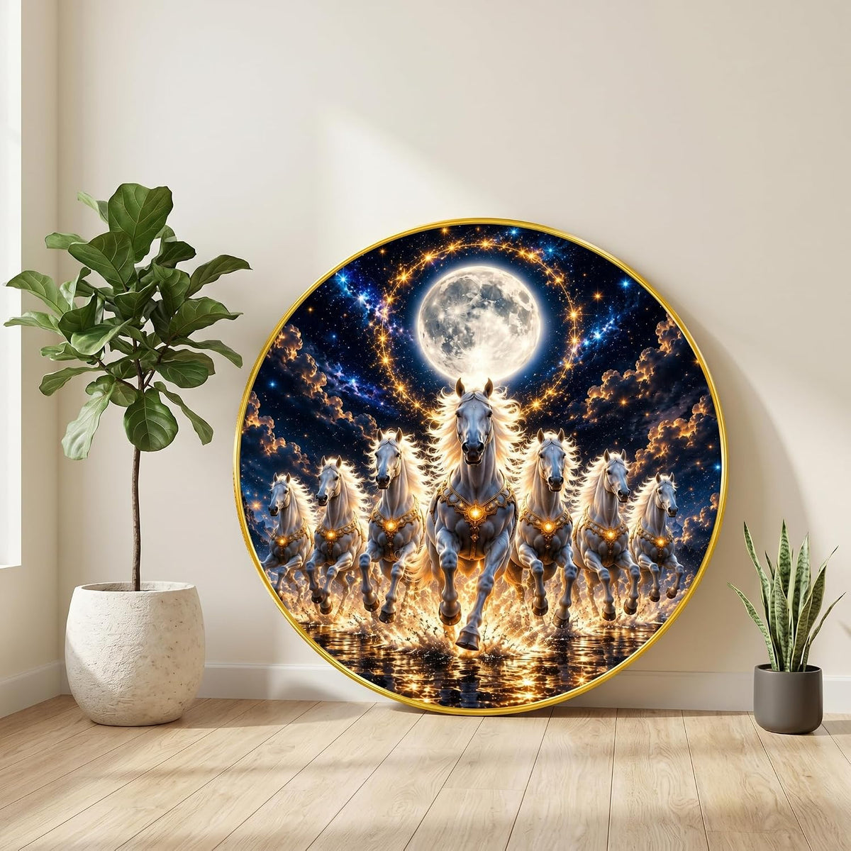 7 Horse Moon Round Wall Painting with Premium PVC Golden Frame, White Running Horses Night Sky Vastu Art for Living Room Office Home Decor Gift (20 x 20 Inch) GRL-443