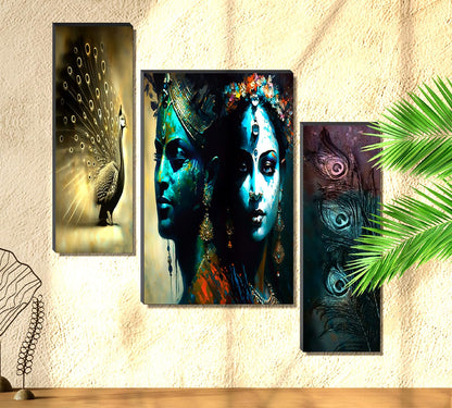 Radha Krishna Mystic Teal & Golden Peacock Wall Art – 3-Panel UV-Printed Spiritual Triptych | Ready-to-Hang Home Décor (20 Inch x 12 Inch) JM-35293