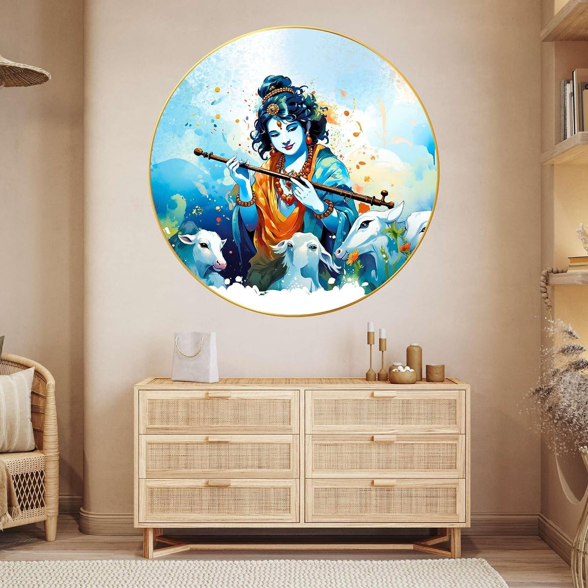 Radha Krishna Wall Painting for Wall Decoration with Frame Sparkle Glossy Round Golden Framed Large Painting Office, Living Room, Bedroom, Home Decoration (60x60 Cm CH-RKR21)