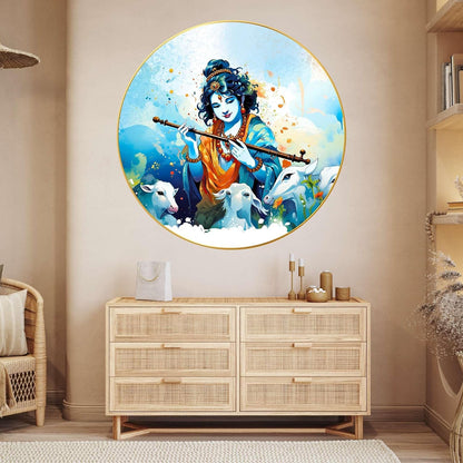 Radha Krishna Wall Painting for Wall Decoration with Frame Sparkle Glossy Round Golden Framed Large Painting Office, Living Room, Bedroom, Home Decoration (60x60 Cm CH-RKR21)