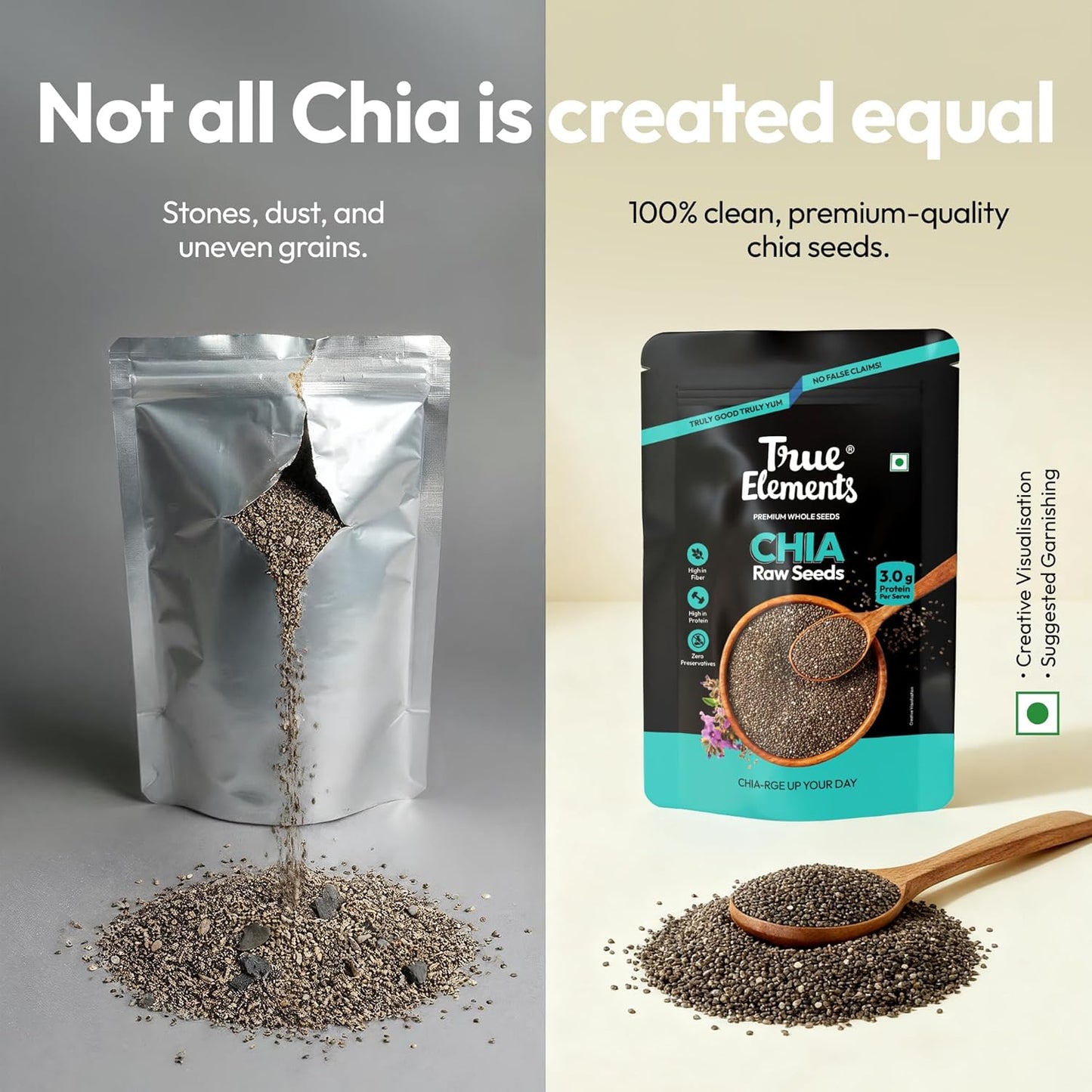 True Elements Raw Chia Seeds 500g - Dirt & Stone Free Premium Chia Seeds | 30 days pack | High Fibre & Plant Protein | Helps with Weight Management | Good for Summer Hydration | Super Seeds for Smoothies, Oats & summer Drinks
