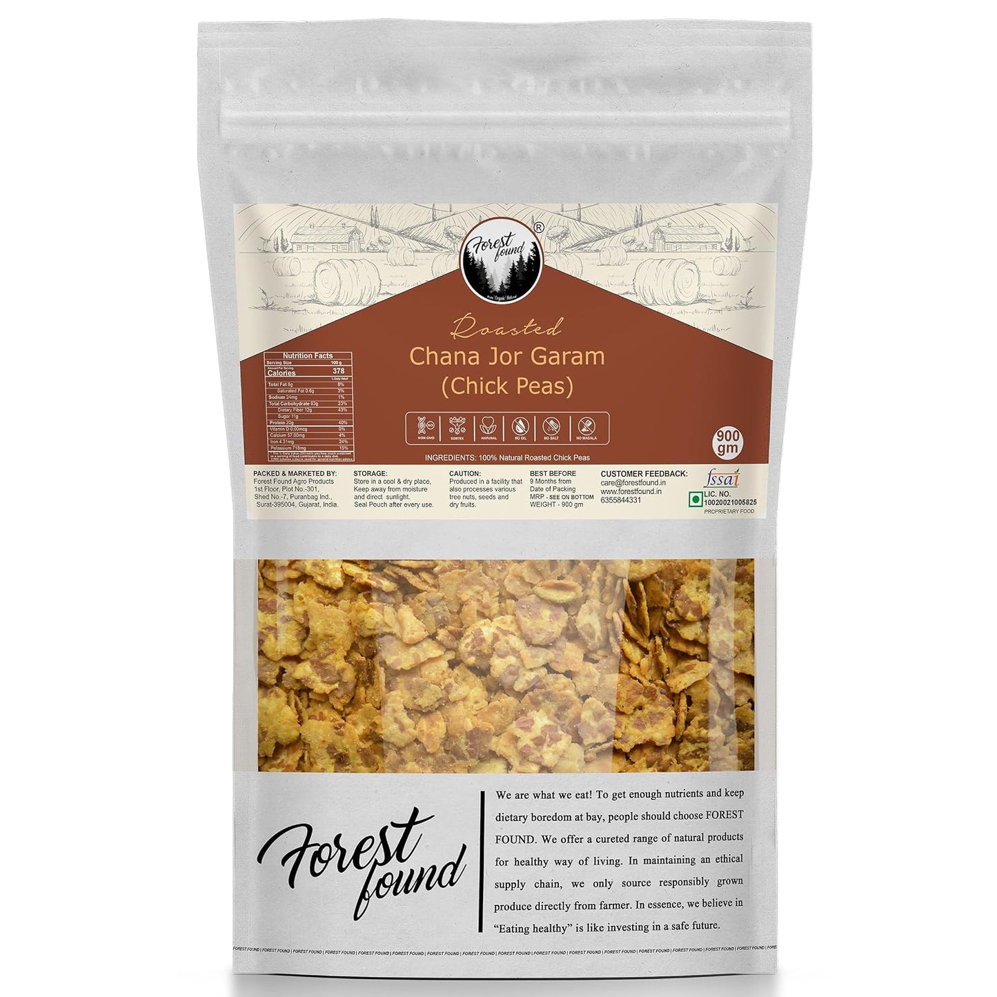 Forest Found Black Chana Jor Garam | Vacuum Roasted Gluten Free & Low Fat Healthy Snacks | No Salt No Masala Diet Namkeen Vegan Protein Roasted Bengal Gram - 900g (Pack of 1)