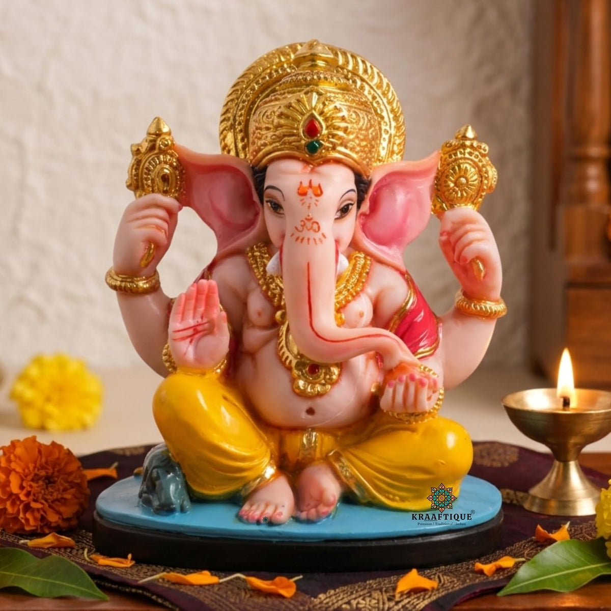 Chaturbhuj Lalitasana Ganesha Idol | Marble Ganpati Murti for Home Decor, Office Desk & Car Dashboard | Ideal Diwali Gift & Housewarming Decoration | 11 CM