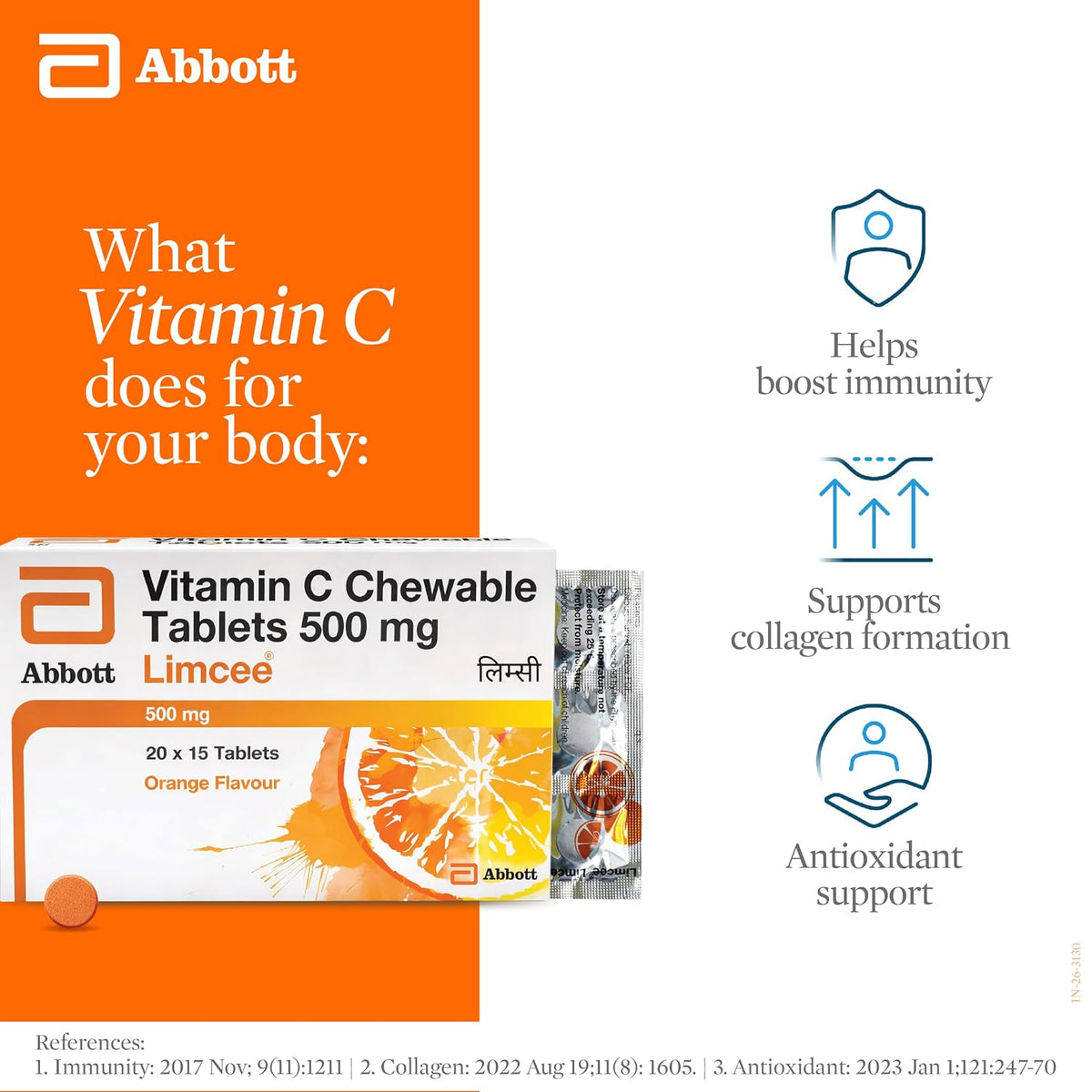 Limcee Chewable Natural Vitamin C Chewable Tablets 500mg || Tangy Orange Flavour || Boost Immunity || Supports Energy || Antioxidant || Skin Care || Men and Women -15 Tabs (Pack of 3)