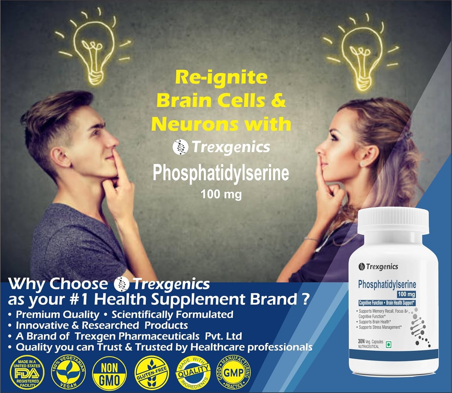 Advertisement for Trexgenics Phosphatidylserine supplement with two people looking thoughtful and a bottle of the supplement.