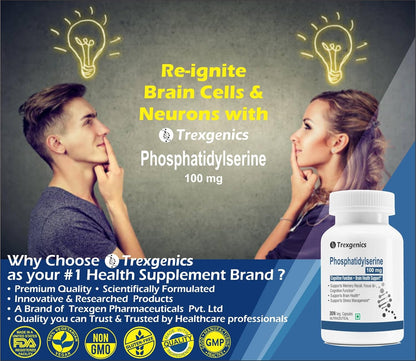 Advertisement for Trexgenics Phosphatidylserine supplement with two people looking thoughtful and a bottle of the supplement.