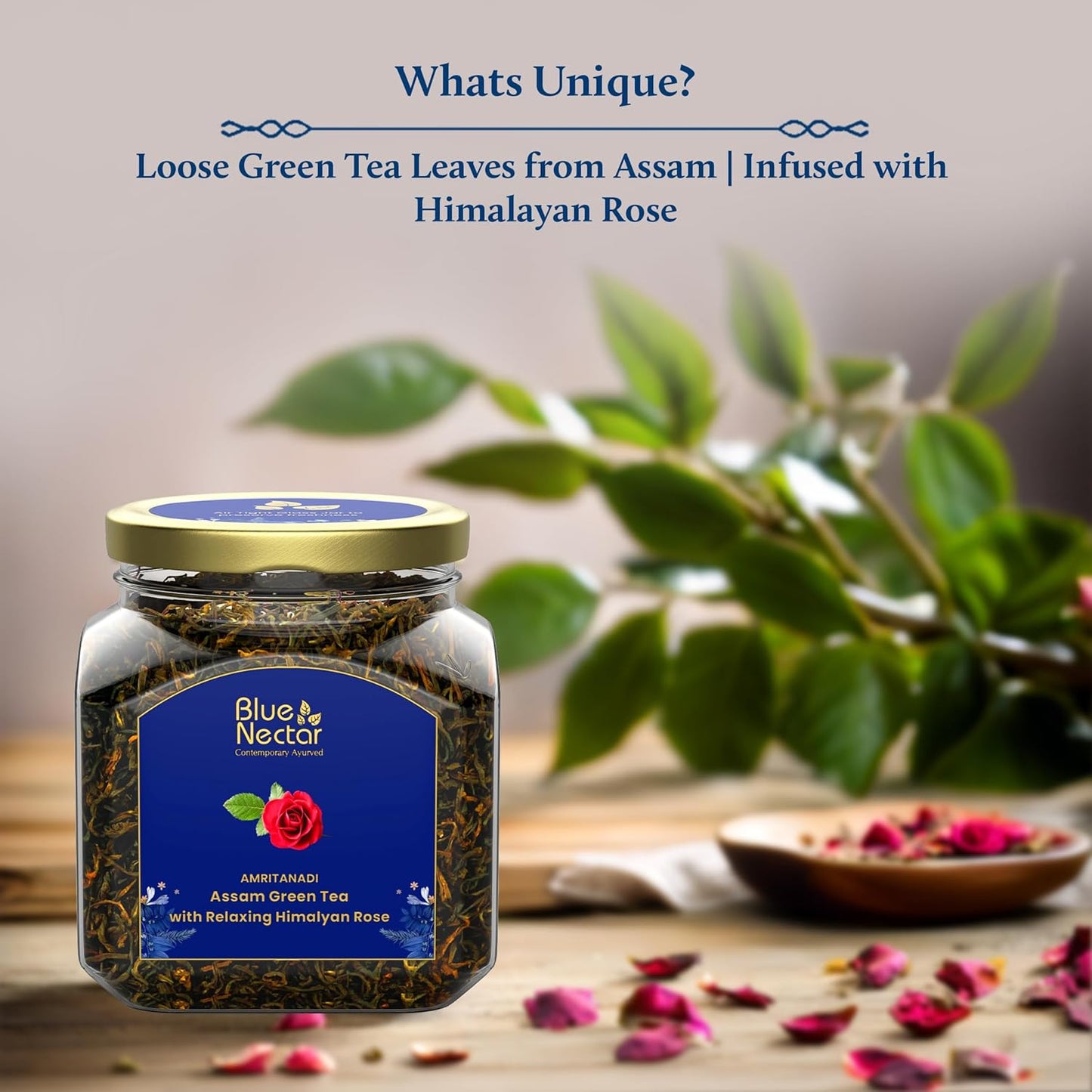 Blue Nectar Green Tea Leaves with Rose for Relaxation with Green Tea Strainer | Eco Friendly Glass Jar | 100% Natural, Handpicked from the Himalayas | (65g)