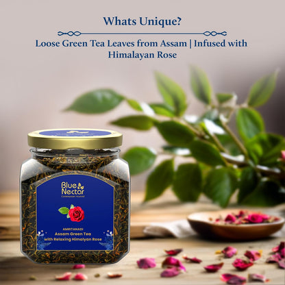 Blue Nectar Green Tea Leaves with Rose for Relaxation with Green Tea Strainer | Eco Friendly Glass Jar | 100% Natural, Handpicked from the Himalayas | (65g)