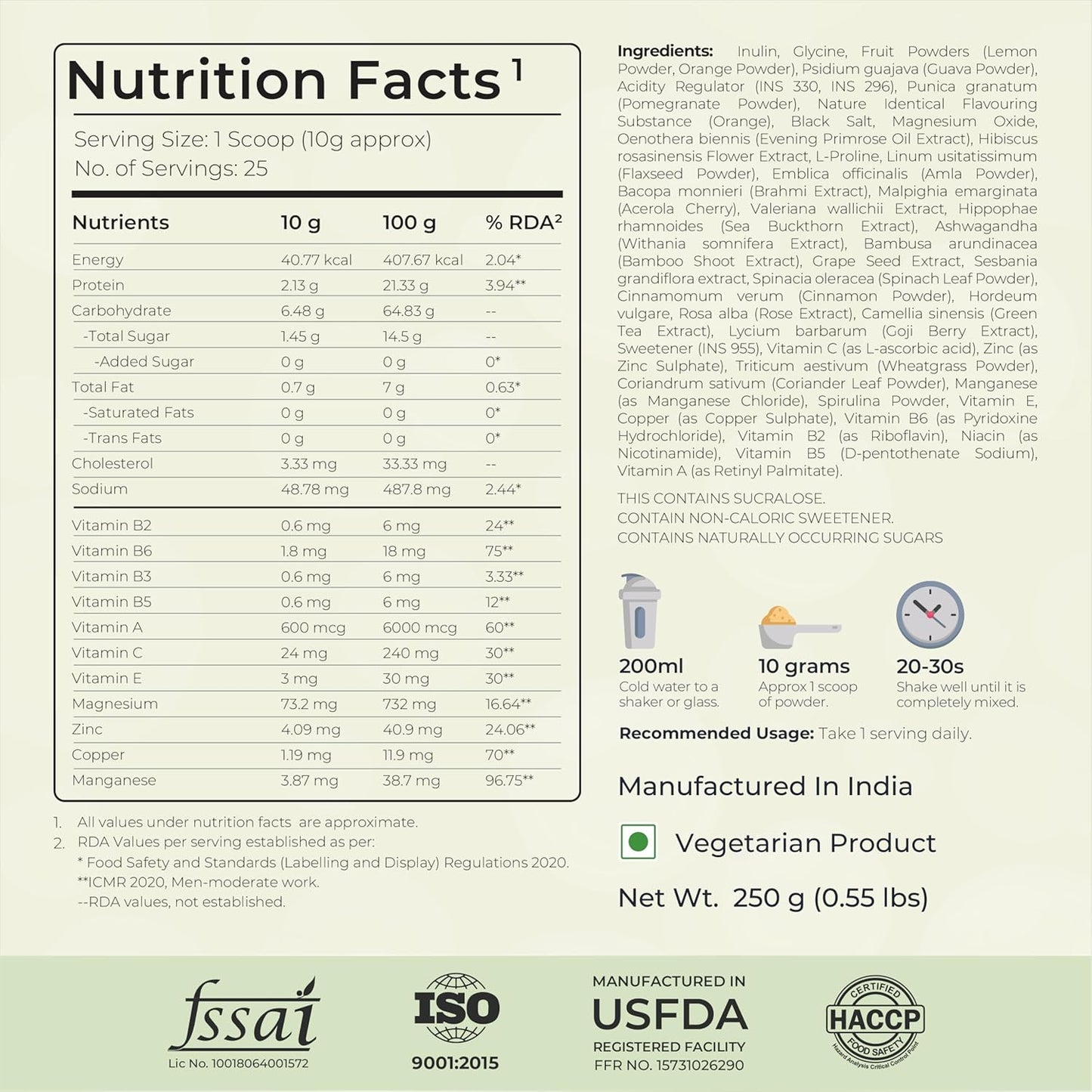 Nutrition facts label and product information on a white background