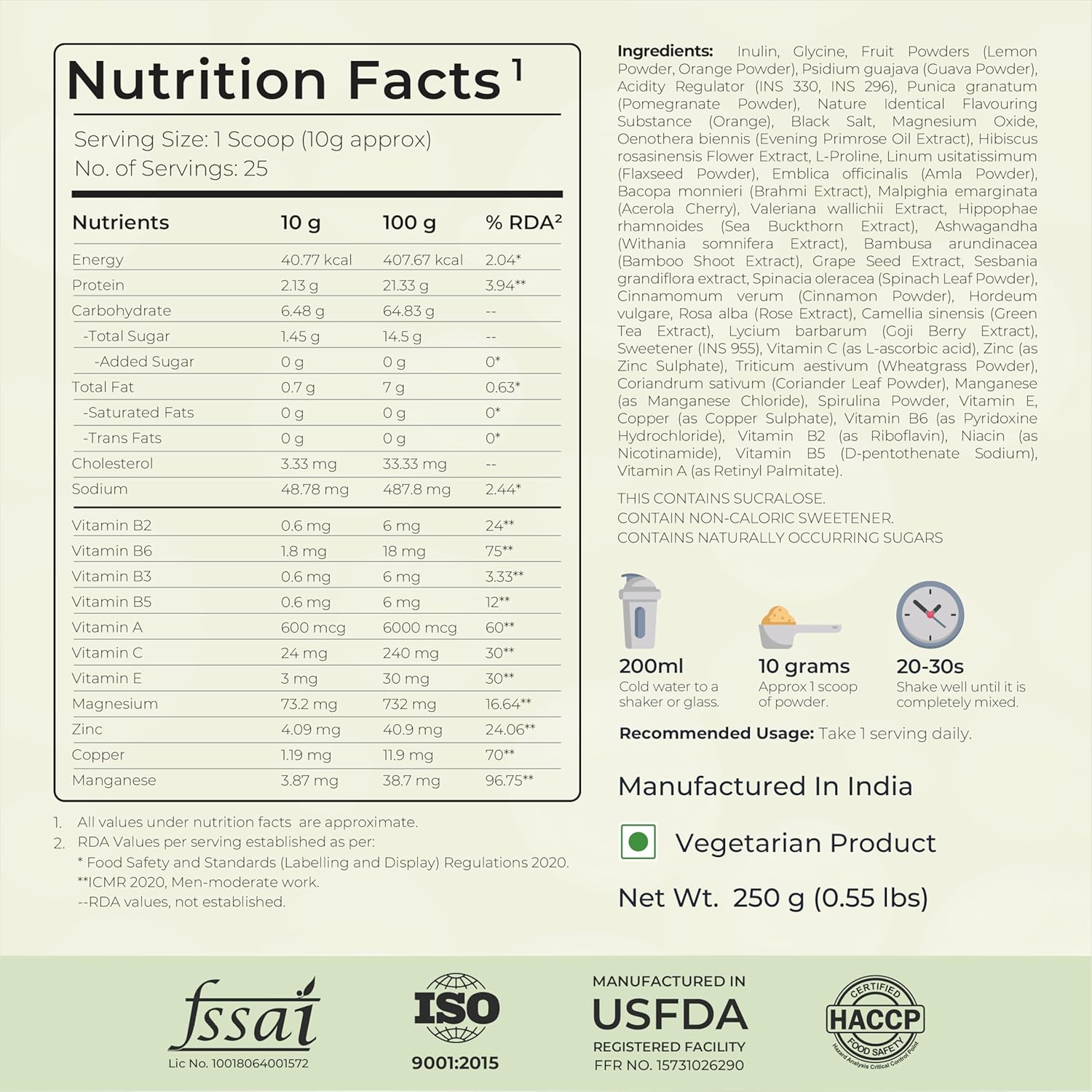 Nutrition facts label and product information on a white background