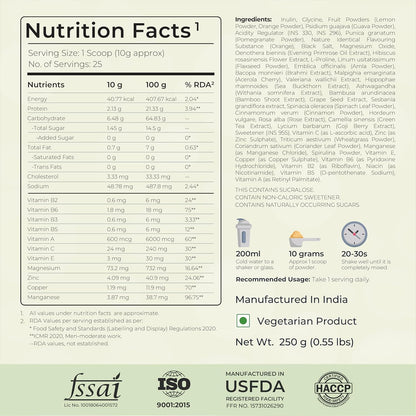 Nutrition facts label and product information on a white background