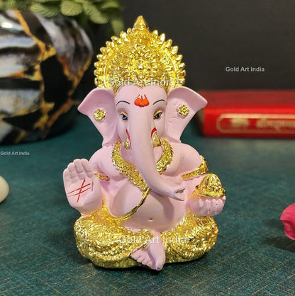 Gold Art India Gold Plated Ganesha with Terracotta Colour - Perfect for Car Dashboards, Office & Home Shelves, Diwali Puja, and Gifting (MukutGoldPink 3.5"), Idol