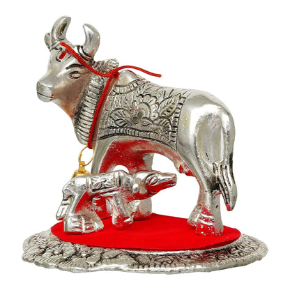 Metal Silver Kamdhenu Cow and Calf Statue | Animal Figurine Decorative Showpiece| Cow with Calf Idol for Home Office Temple | Gift for Diwali Housewarming Birthday