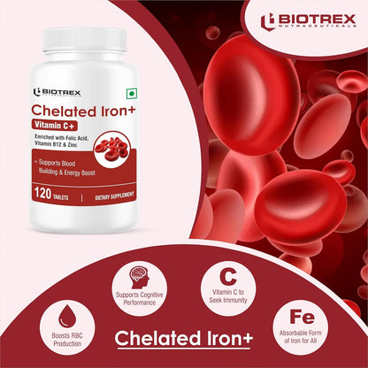 Biotrex Nutraceuticals Chelated Iron + Vitamin C, B12, Folic Acid & Zinc, Boost Hemoglobin Levels & Improves Concentration Levels, Energy & Blood Building - 120 Vegetarian Tablets