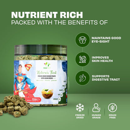Pawfect Nature's Feast Freeze-Dried Treats with Asian Greens for Dogs | Superman Edition | 80% Chicken, 20% Veggies & Fruits|100% Natural|Grain-Free|High Protein Training Treat (50g/1.76oz)