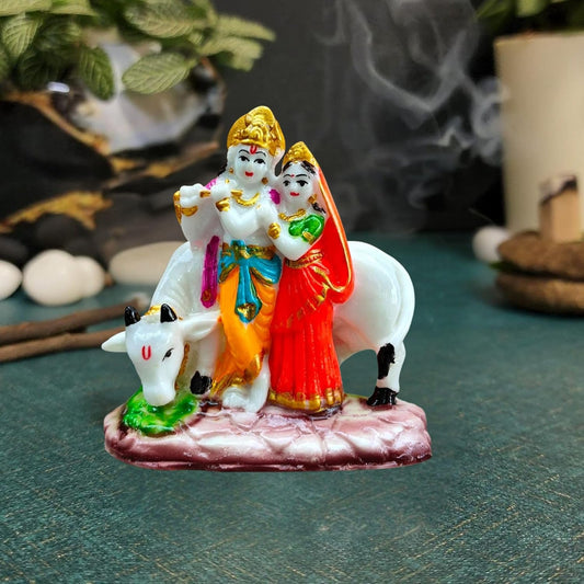 Radha Krishna Gift with Cow Calf Statue Idol for Home Decoration, Items Anniversary Wedding House Warming Return Sculpture Showpiece Decoration Temple and Size 10 x 10 Cm