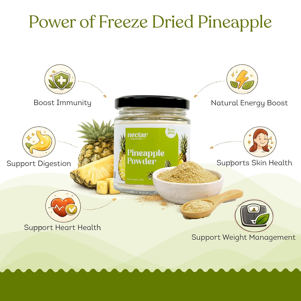 Nectar Superfoods Freeze Dried Pineapple Powder- 80 grams Jar-Pack of 1 Nos 100% Natural | No Added Sugar, Preservative-Free & Vegan | Processed in India