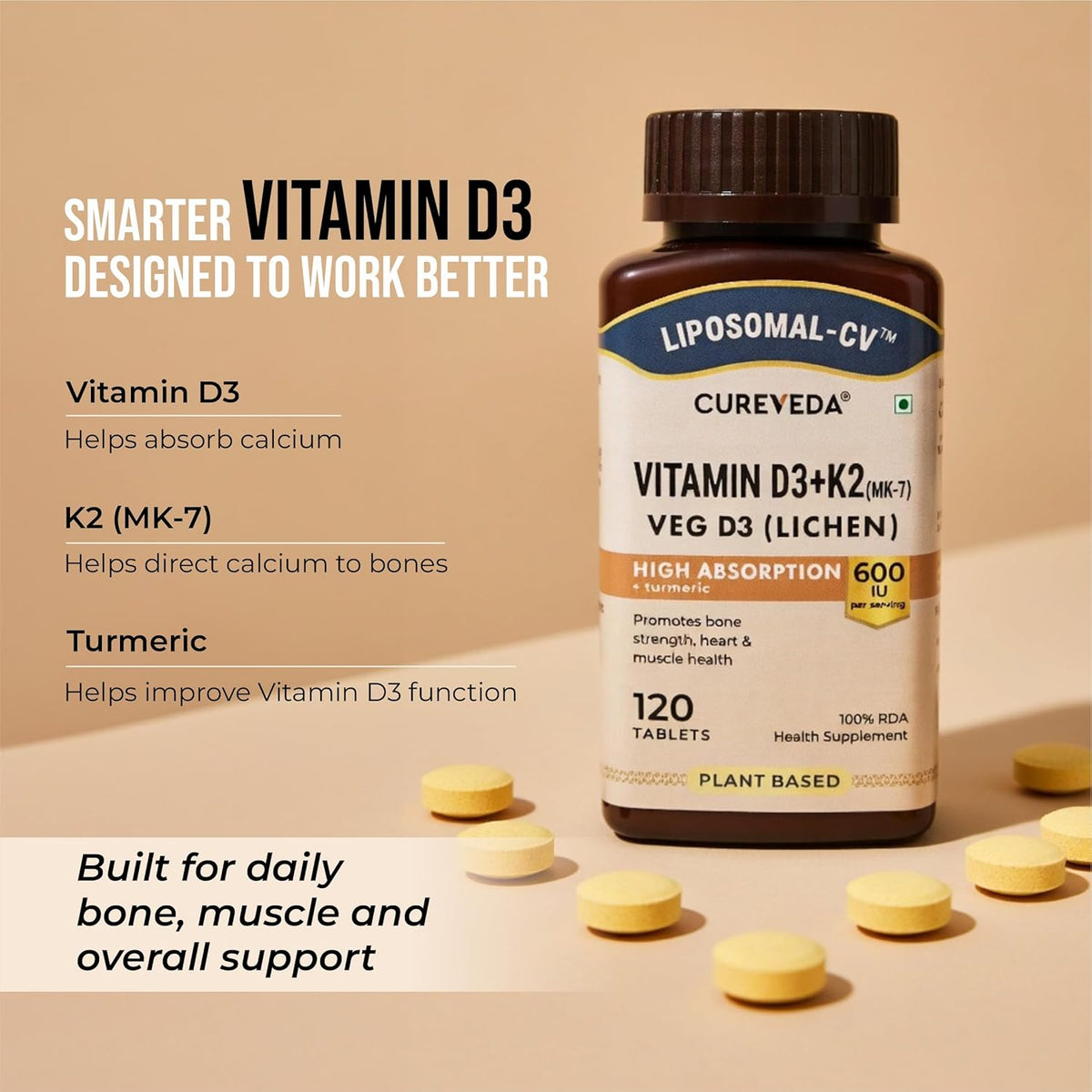 Cureveda Vitamin D3+K2 supplement bottle with tablets on a beige background