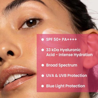 Close-up of a woman's face with skincare product, featuring text about product features.