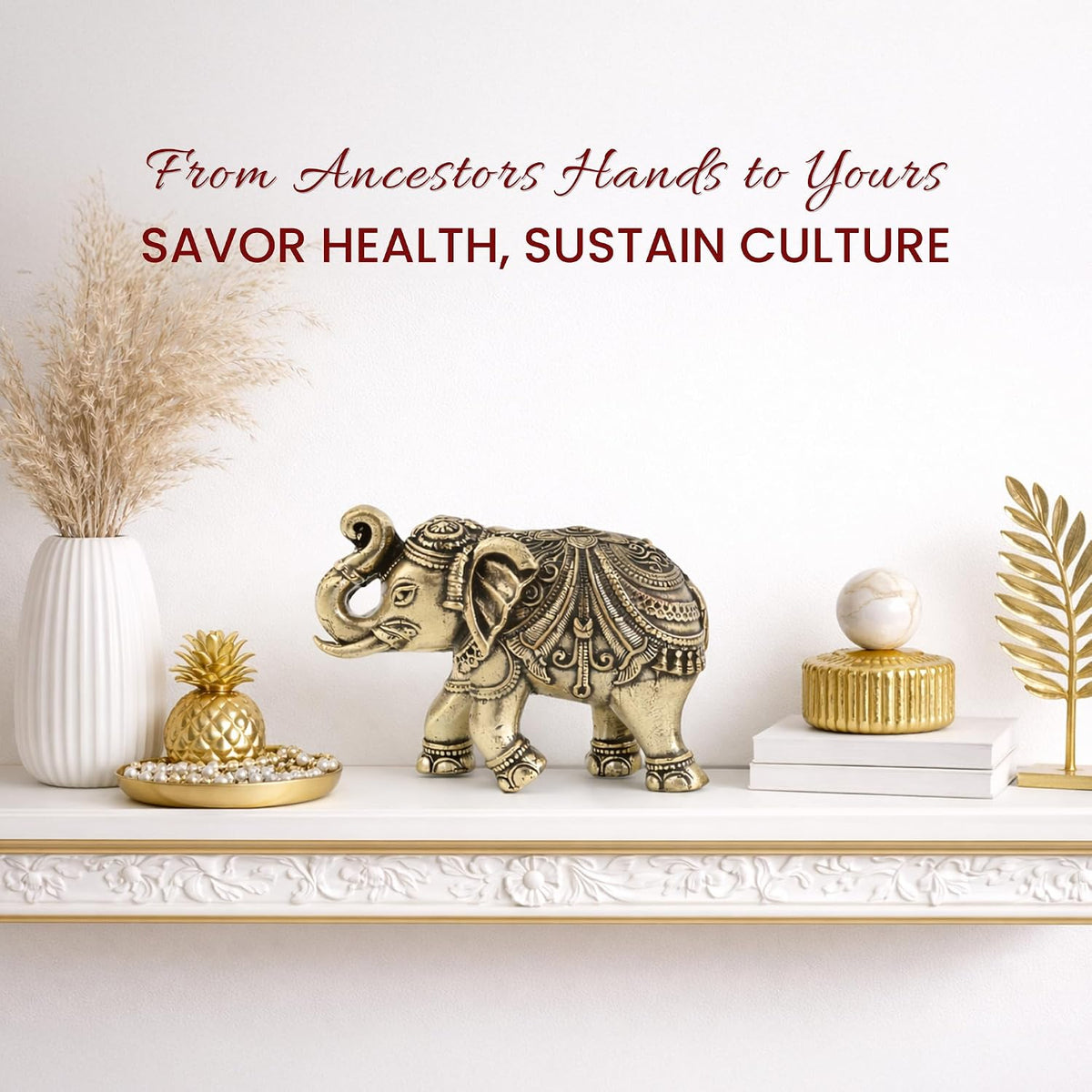Brass Elephant Statue | Elephant Showpiece for Home & Office | Handmade Brass Figurine for Living Room, Desk Decor (Design01: L4 x W2 x H2 cm)