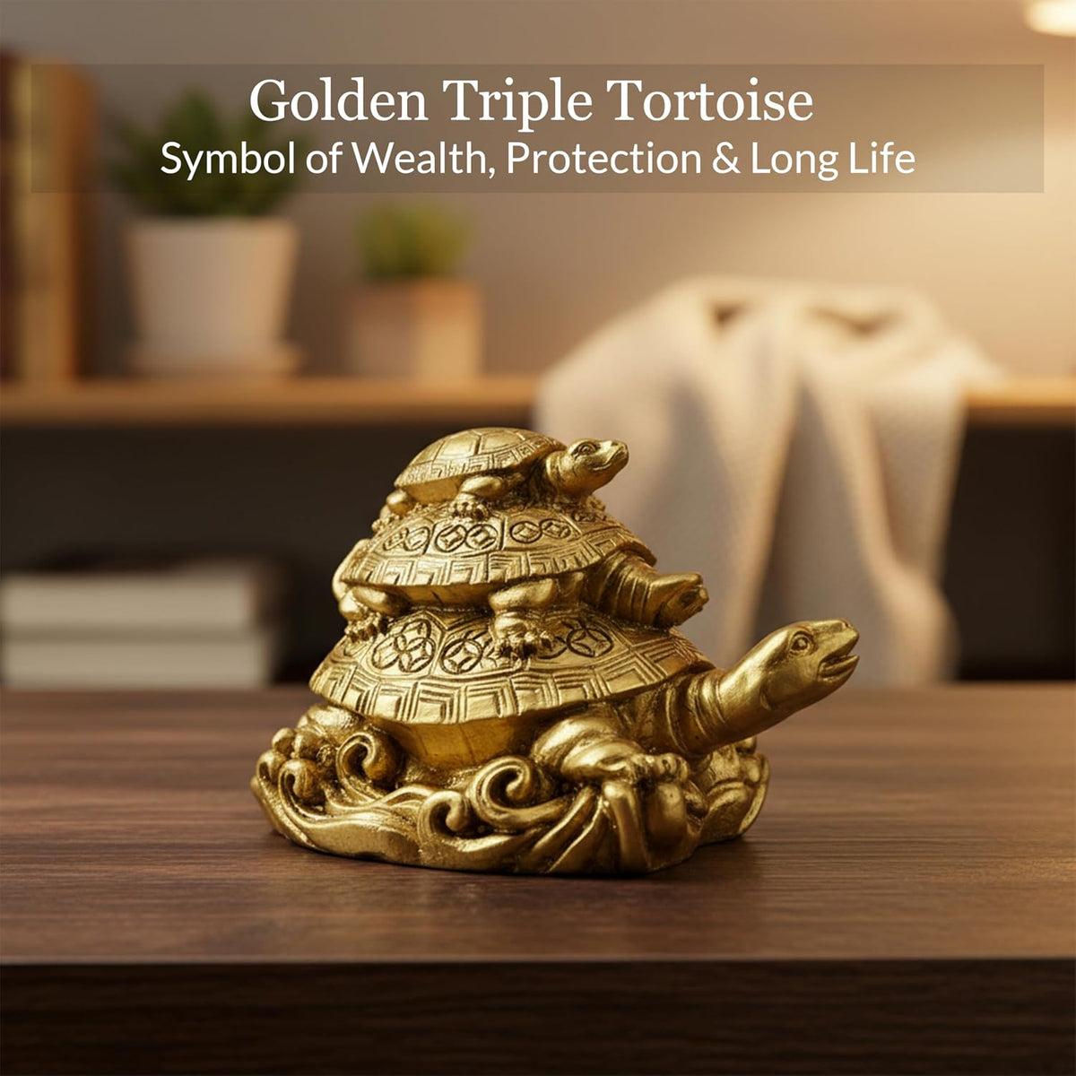 Triple Tortoise Turtle Family | Golden Feng Shui Tortoise for Good Luck | Metal Turtle Vastu Showpiece for Wealth, Health & Prosperity | Lucky Turtle Gift Item for Home & Office Decor