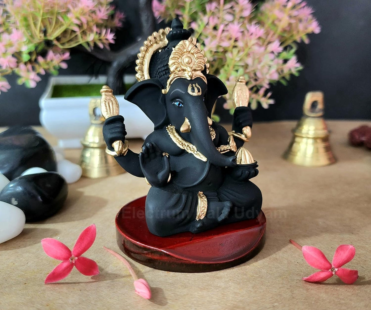 Handcrafted Poly Resin Ganesha Statue with Base - Perfect for Car Dashboard, Office Desk, Shelves, and Home Decor - Ideal Housewarming Gift! (4HandBlackTerracottaMDF)