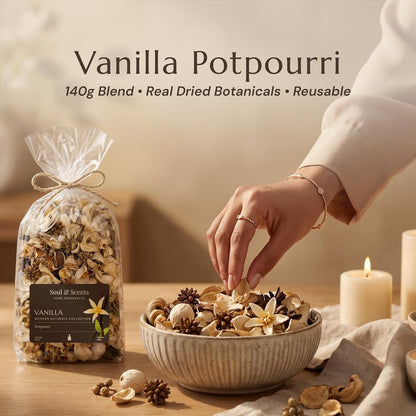 Soul & Scents Vanilla Potpourri | Dried Flowers | Fine-Living | Natural Decoration | Mood Enhancer | Perfect for Home Decor, Gifts, and Aromatherapy | Made in India | 140gm