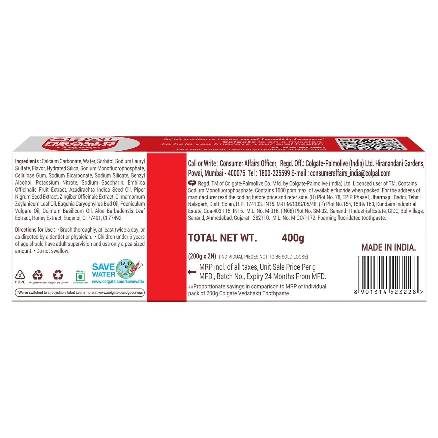 Colgate Swarna Vedshakti Ayurvedic Cavity Protection, Bad Breath Treatment Toothpaste - 400gm