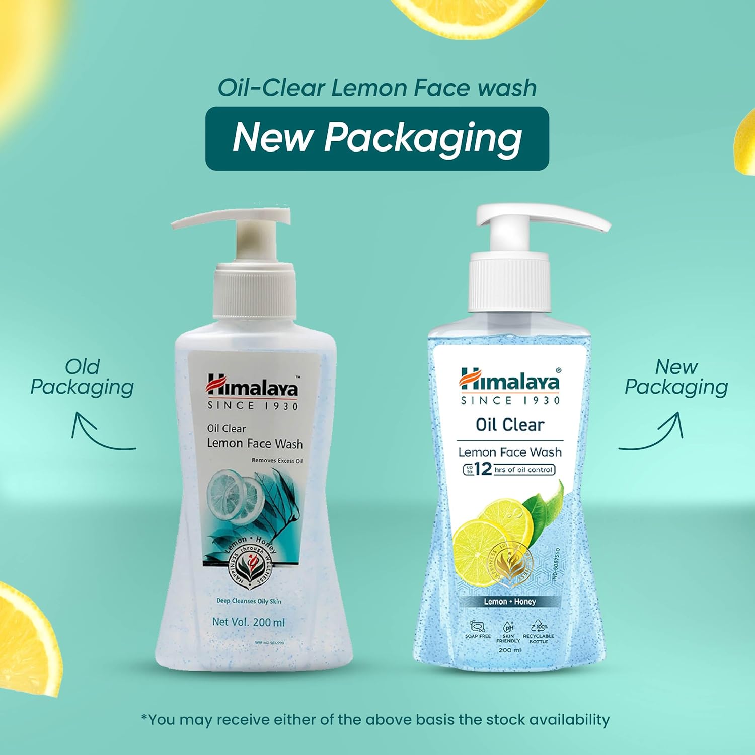 Himalaya Oil Clear Lemon Face Wash with old and new packaging on a light blue background.