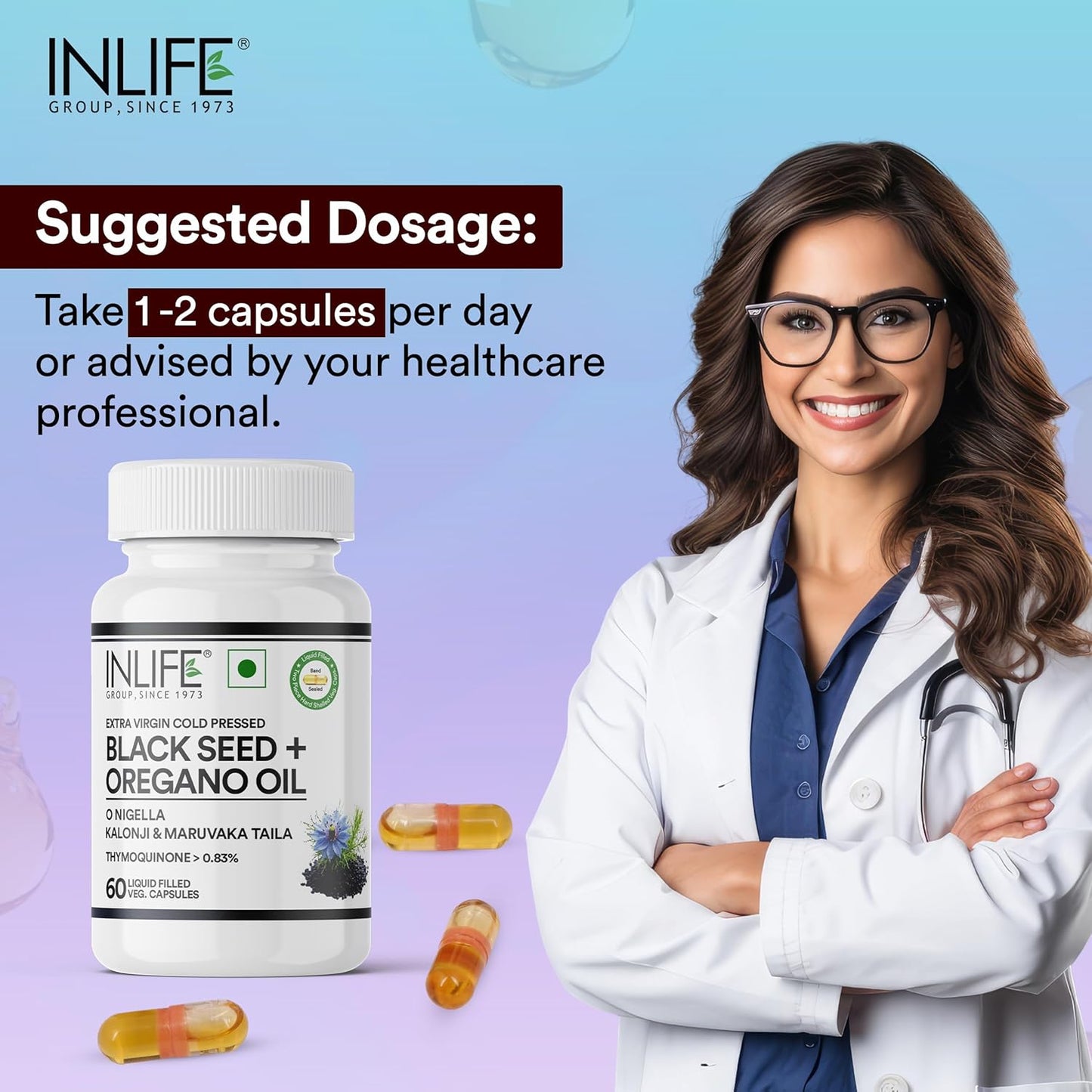 INLIFE Black Seed Oil (480 mg) & Oregano Oil (20 mg, 50:1) | Extra Virgin Cold Pressed | O Nigella, Kalonji & Maruvaka Taila | 60 Liquid Filled Veg Capsules