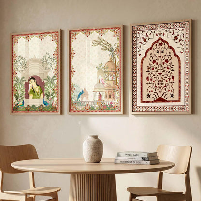 Indian Traditional Madhubani Wall Art Painting With Frame Pichwai Art Home Decoration For Living Room Bed Room Hotel Wall Decor Digital Reprint Set of 3 (13X17 inch)