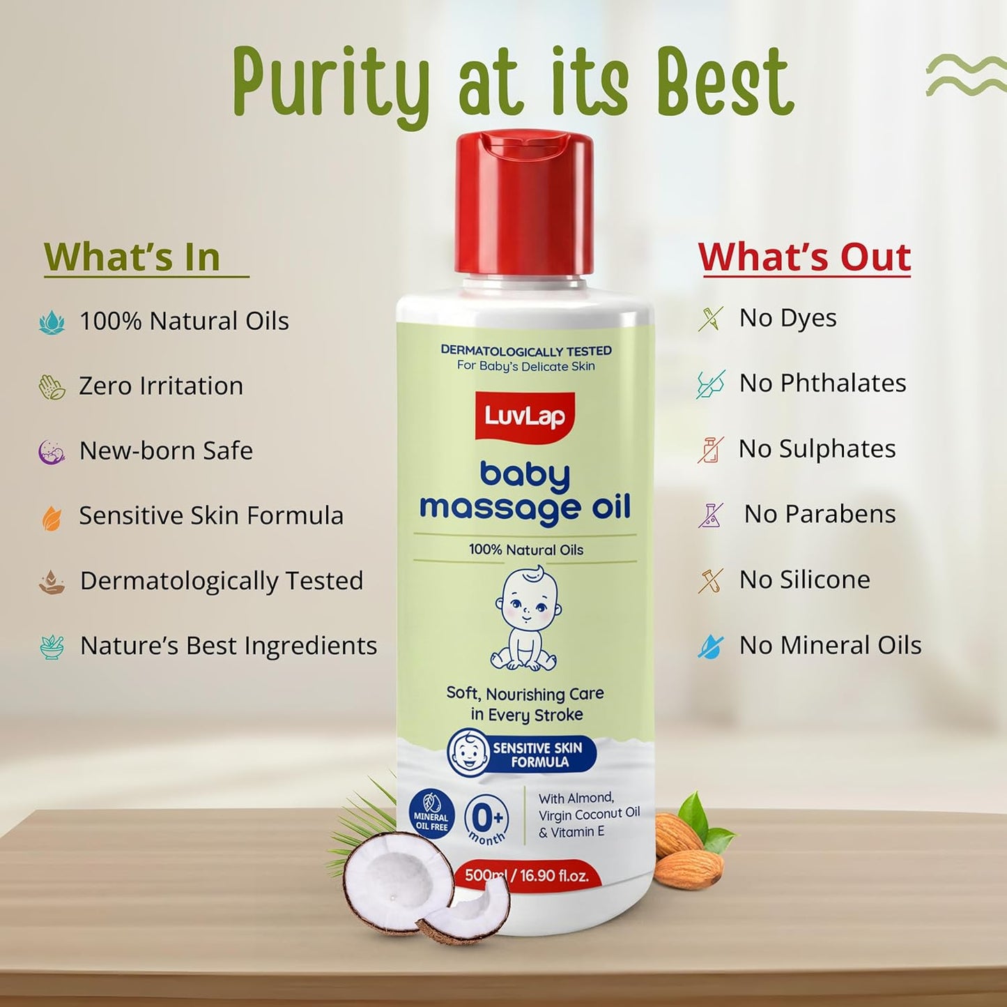 LuvLap Baby Massage Oil with Almond, Virgin Coconut Oil & Vitamin E, Deep Nourishing, Skin Repair & Relaxation, Ayurvedic Non-Sticky Oil for Soft New Born Skin, 100% Natural, Derma Safe, 500ml
