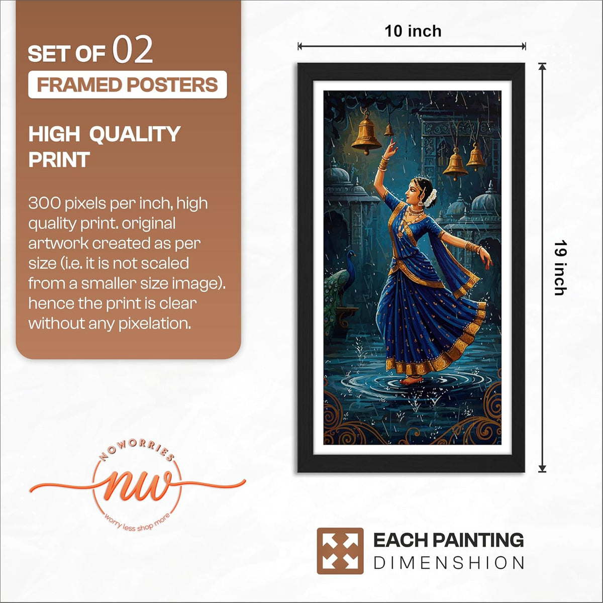 Classical Indian Dance Wall Art Set of 2 Frames Prints | Traditional Bharatanatyam Kathak Dance Framed Painting, Peacock & Temple Theme Artwork Frame| Premium Cultural Wall Decor for Living Room Bedroom Office Home (Art-6, 10x19inch, Wooden)