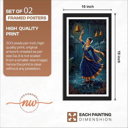 Classical Indian Dance Wall Art Set of 2 Frames Prints | Traditional Bharatanatyam Kathak Dance Framed Painting, Peacock & Temple Theme Artwork Frame| Premium Cultural Wall Decor for Living Room Bedroom Office Home (Art-6, 10x19inch, Wooden)