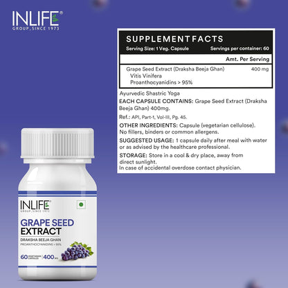 INLIFE Grape Seed Extract (Proanthocyanidins > 95%) Antioxidant, 400 mg - 60 Vegetarian Capsules (Pack of 1, 60)