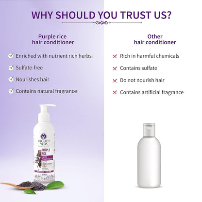 Ayouthveda Purple Rice Hair Conditioner with Rice Water & Kernel Protein | Repairs Damage, Controls Frizz & Enhances Volume | Enriched with Eggplant, Betel & Guava Leaves | For All Hair Types | 200ml